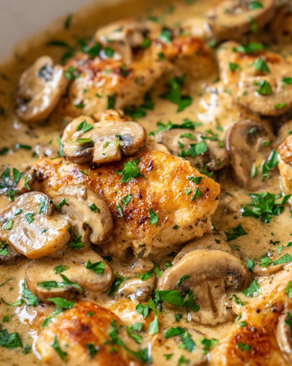 The close-up image shows a dish with browned chicken pieces covered in creamy mushroom sauce, featuring sliced mushrooms that are soft and cooked in the sauce. The sauce has a smooth texture and light brown color with small green parsley flakes sprinkled on top. The chicken pieces are golden brown with a slightly crispy look. The dish is shown in a way that emphasizes the creamy texture and the combination of colors from the chicken, mushrooms, sauce, and parsley. The photo taken with an iphone --ar 4:5 --v 7