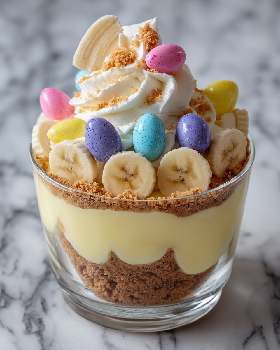 The image shows a clear glass cup filled with a layered dessert. At the bottom is a thick brown crumb layer, on top of that is a creamy pale yellow layer, followed by slices of banana arranged neatly around the edge. Above the bananas is another thick pale yellow creamy layer, topped with a generous swirl of white whipped cream. On the whipped cream sits a slice of banana, some crumbled pieces, and pastel-colored candy eggs in pink, blue, and purple. The glass is set on a white marbled surface. Photo taken with an iphone --ar 4:5 --v 7