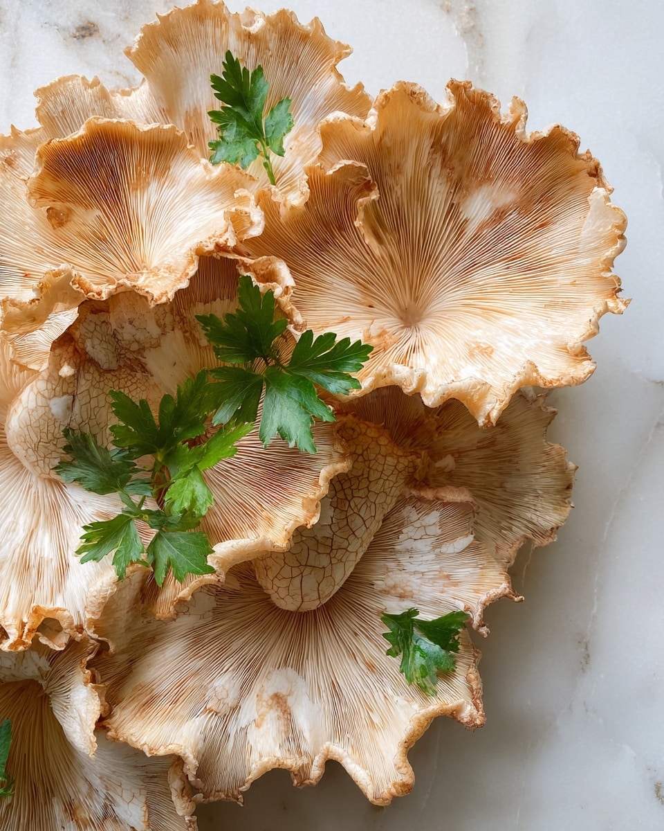 A close-up image of a cluster of light brown mushrooms with ruffled edges and a slightly rough, textured surface, layered in a natural, organic way. Each mushroom has a wavy, delicate edge with a powdery, cracked pattern on the cap, and the underside shows fine, radiating gills in a lighter beige color. Small green parsley leaves are scattered between the mushrooms, adding a touch of fresh green contrast. The cluster rests on a white marbled surface, creating a clean and simple background that highlights the mushrooms’ natural shapes and textures. photo taken with an iphone --ar 4:5 --v 7