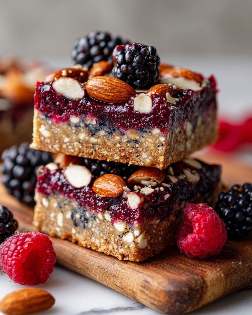Two square nut and berry bars stacked on a wooden board with a white marbled texture underneath. Each bar has three visible layers: a bottom layer of dense, light brown nut mixture, a middle layer with whole almonds held together by a dark berry glaze, and a top layer of shiny, deep red-purple berry glaze scattered generously with whole and sliced almonds, whole blackberries, and raspberries. Additional raspberries and blackberries rest on the wooden board near the bars. Photo taken with an iphone --ar 4:5 --v 7