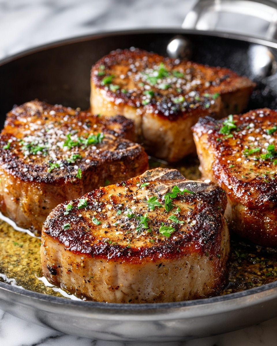 The image shows four thick, round pieces of seared pork chops with a golden-brown crust and a slightly charred edge. Each chop is seasoned with coarse salt, ground black pepper, and small green herb leaves, likely parsley, scattered on top. The pork chops sit closely together on a black metal cooking pan, with some melted butter or oil pooling at the base, giving a shiny, appetizing look. The background includes a white marbled texture surface subtly out of focus. photo taken with an iphone --ar 4:5 --v 7