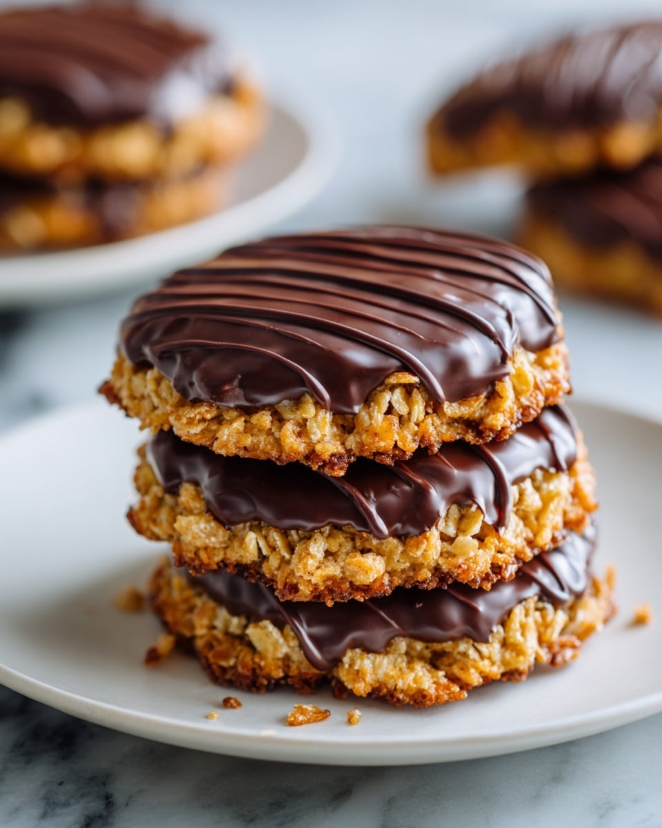 A close-up of a stack of three round cookies on a white plate, each cookie has a thick bottom layer made of golden, crispy oats or cornflakes, giving a rough and crunchy texture. The top of each cookie is covered with a smooth, shiny dark chocolate layer that has slight wavy lines drizzled over it. The cookies are stacked unevenly, and there are small crumbs around them on the plate. The background shows blurred out similar cookies on a white marbled surface. photo taken with an iphone --ar 4:5 --v 7