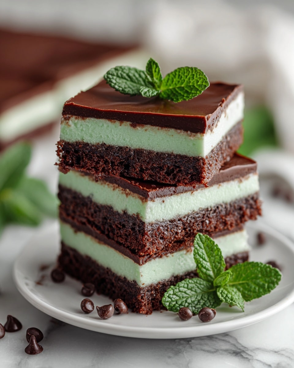 A stack of three square brownie bars sits on a white plate, each bar showing three clear layers: a dense, dark brown chocolate base, a smooth creamy mint-green middle, and a slightly cracked chocolate brownie top layer. The top brownie layer looks soft with a slightly shiny texture and is decorated with a small fresh green mint leaf. Around the brownies on the plate are small chocolate drops and a few more fresh mint leaves scattered for decoration. The background is a white marbled surface with blurred details. photo taken with an iphone --ar 4:5 --v 7