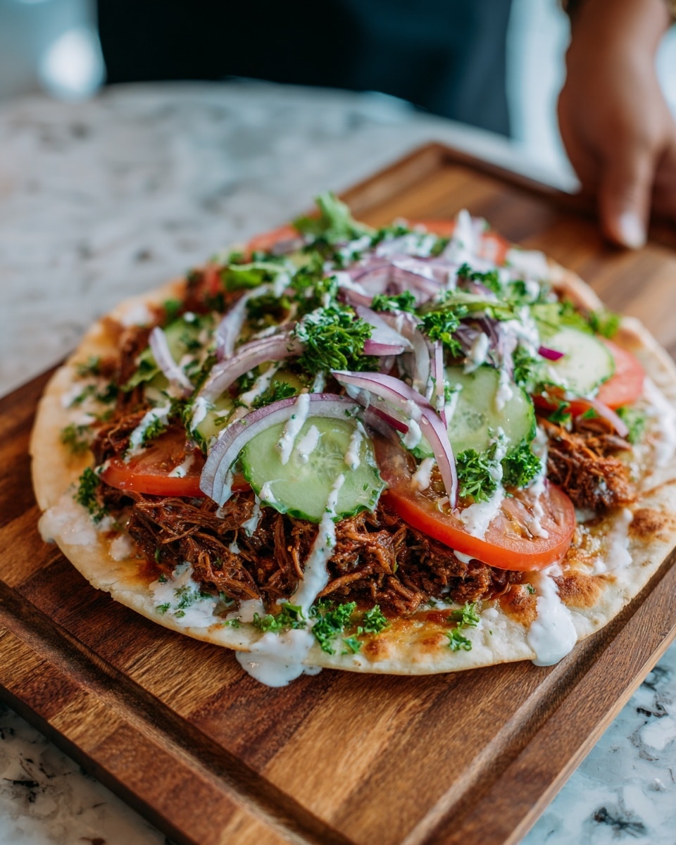 The image shows a flatbread topped with several food layers. The bottom layer is a soft white flatbread. On top, there is a layer of fresh green cucumber slices and bright red tomato slices. Over these, a generous amount of shredded brown meat is spread. Next, there are thin rings of purple onion placed on the meat. Fresh green parsley is scattered across the flatbread. The topmost layer is a drizzle of white sauce with green herbs mixed in. The flatbread is placed on a wooden board with a white marbled textured surface in the background, and a woman's hand holds the flatbread from the left side. photo taken with an iphone --ar 4:5 --v 7