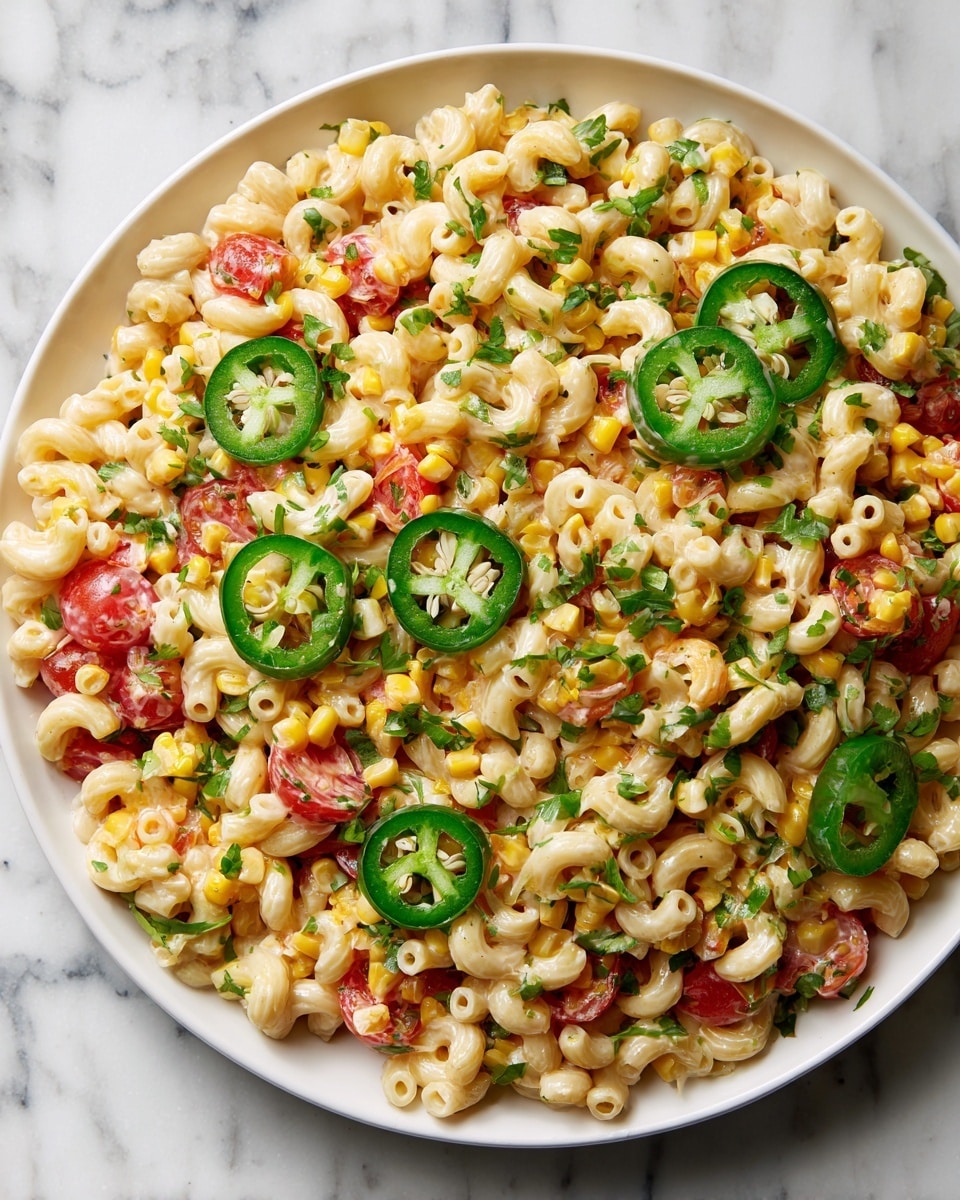 The image shows a close-up of a colorful pasta salad with elbow macaroni as the base layer, mixed with diced tomatoes, sweet corn kernels, and chopped green herbs spread evenly throughout. On top, there are several thin, round slices of fresh green jalapeño peppers scattered around, adding a bright contrast. The texture looks creamy, suggesting a light dressing coating the pasta and veggies. The dish is served on a white plate placed on a white marbled surface. Photo taken with an iphone --ar 4:5 --v 7