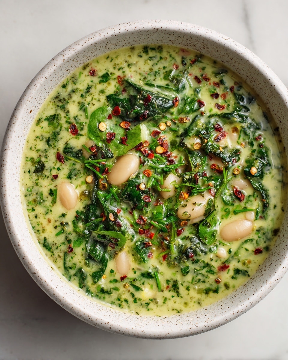 A close-up view of a creamy green soup served in a white speckled bowl, the soup has a thick texture with visible bits of green herbs and white beans throughout. The surface is dotted with small patches of darker green leafy pieces and lightly sprinkled with red chili flakes, adding a touch of brightness and contrast. The bowl sits on a white marbled textured surface. photo taken with an iphone --ar 4:5 --v 7
