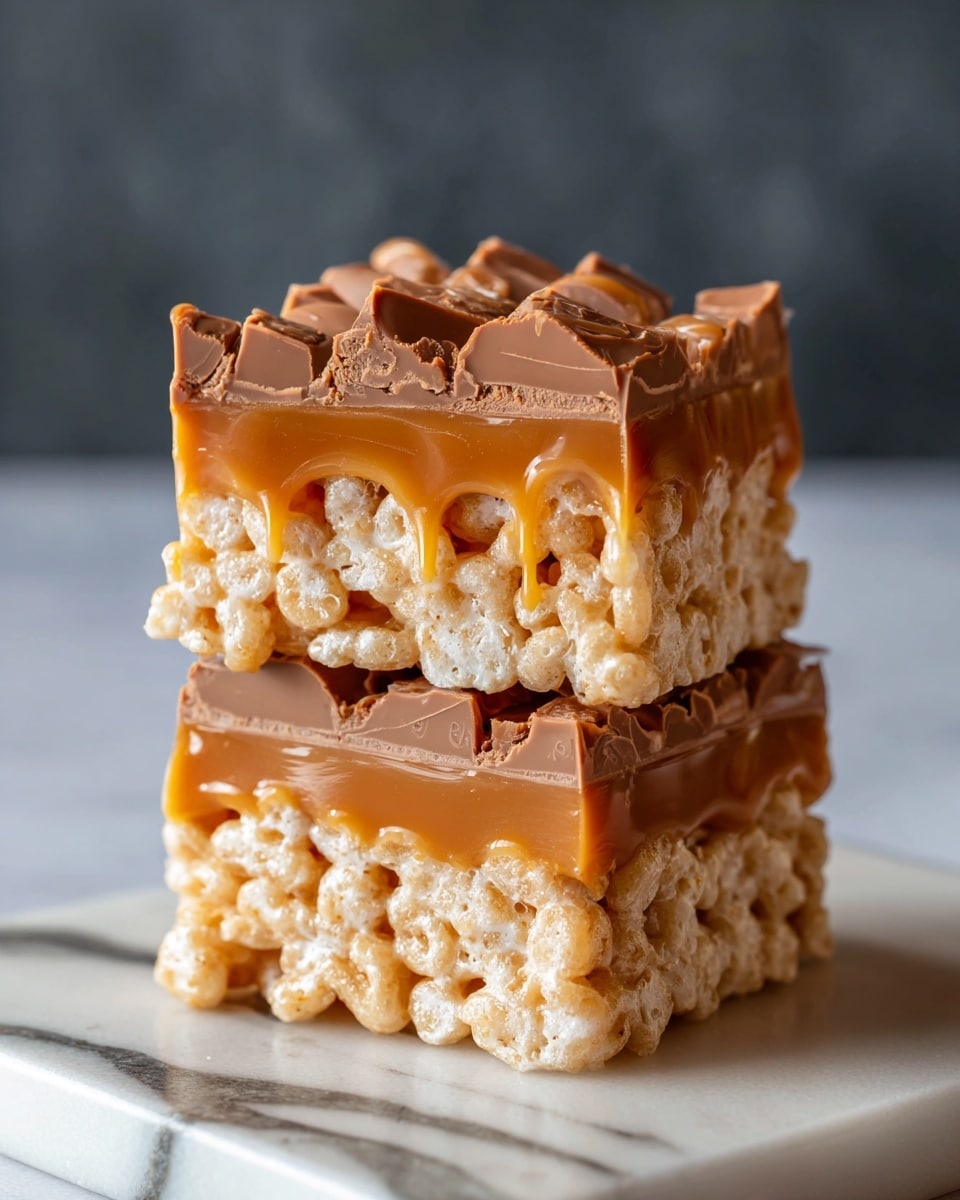 A close-up image of two stacked crispy rice treats with three visible layers each: a bottom layer of beige puffed rice held together with a sticky caramel-like syrup, a middle smooth layer of golden caramel slightly dripping out, and a top layer of glossy milk chocolate broken in some parts showing rough edges. The treats are placed on a white plate with subtle gray marble patterns, on a white marbled surface, with a blurred dark background. photo taken with an iphone --ar 4:5 --v 7