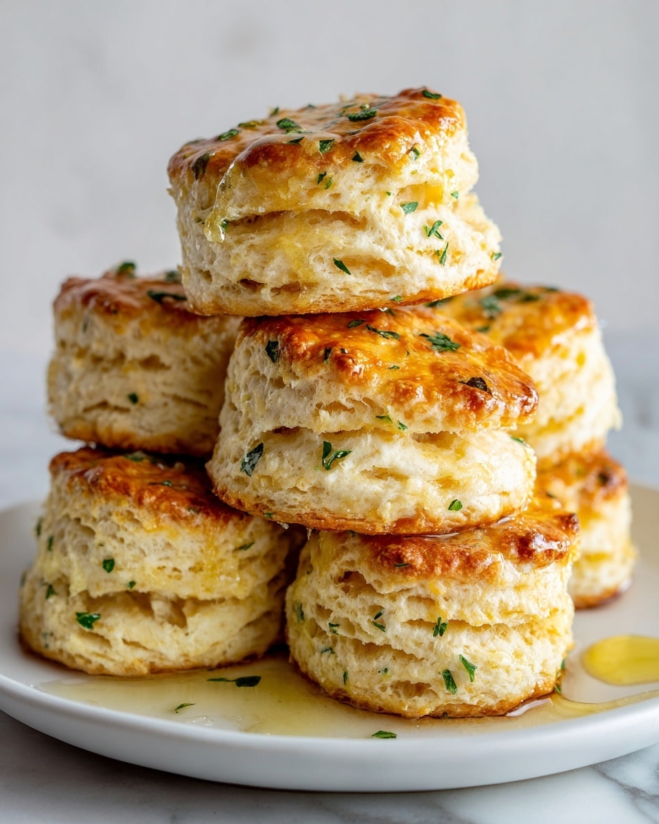 Six golden brown biscuits are stacked on a white plate placed on a white marbled surface. Each biscuit has about three to four visible layers with a flaky texture, showing air pockets in the dough. The top layer is shiny with melted butter, sprinkled with small chopped green herbs. Some melted butter pools slightly on the plate around the biscuits. The colors contrast between the light yellow inside, the golden crust, and the bright green herbs. photo taken with an iphone --ar 4:5 --v 7