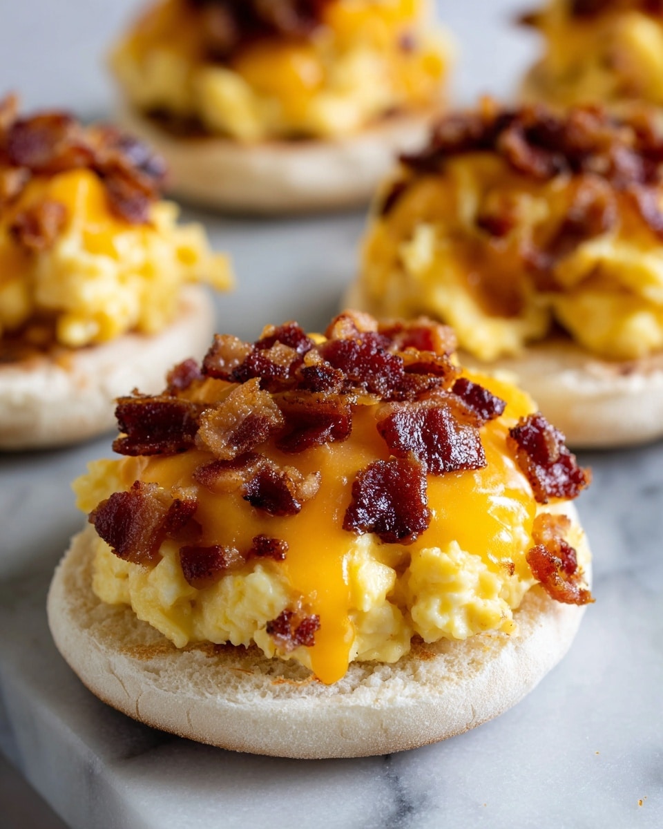 A close-up image of an English muffin topped with several layers: the bottom layer is a toasted white muffin with a slightly golden edge, followed by a generous layer of soft, fluffy yellow scrambled eggs. On top of the eggs is a melted layer of bright orange cheddar cheese, with small pieces of crispy, dark brown bacon scattered over the cheese. The texture of the muffin looks soft but crisp on the edges, while the eggs are creamy and moist. The background shows more similarly topped muffins on a white marbled surface, slightly blurred. Photo taken with an iphone --ar 4:5 --v 7