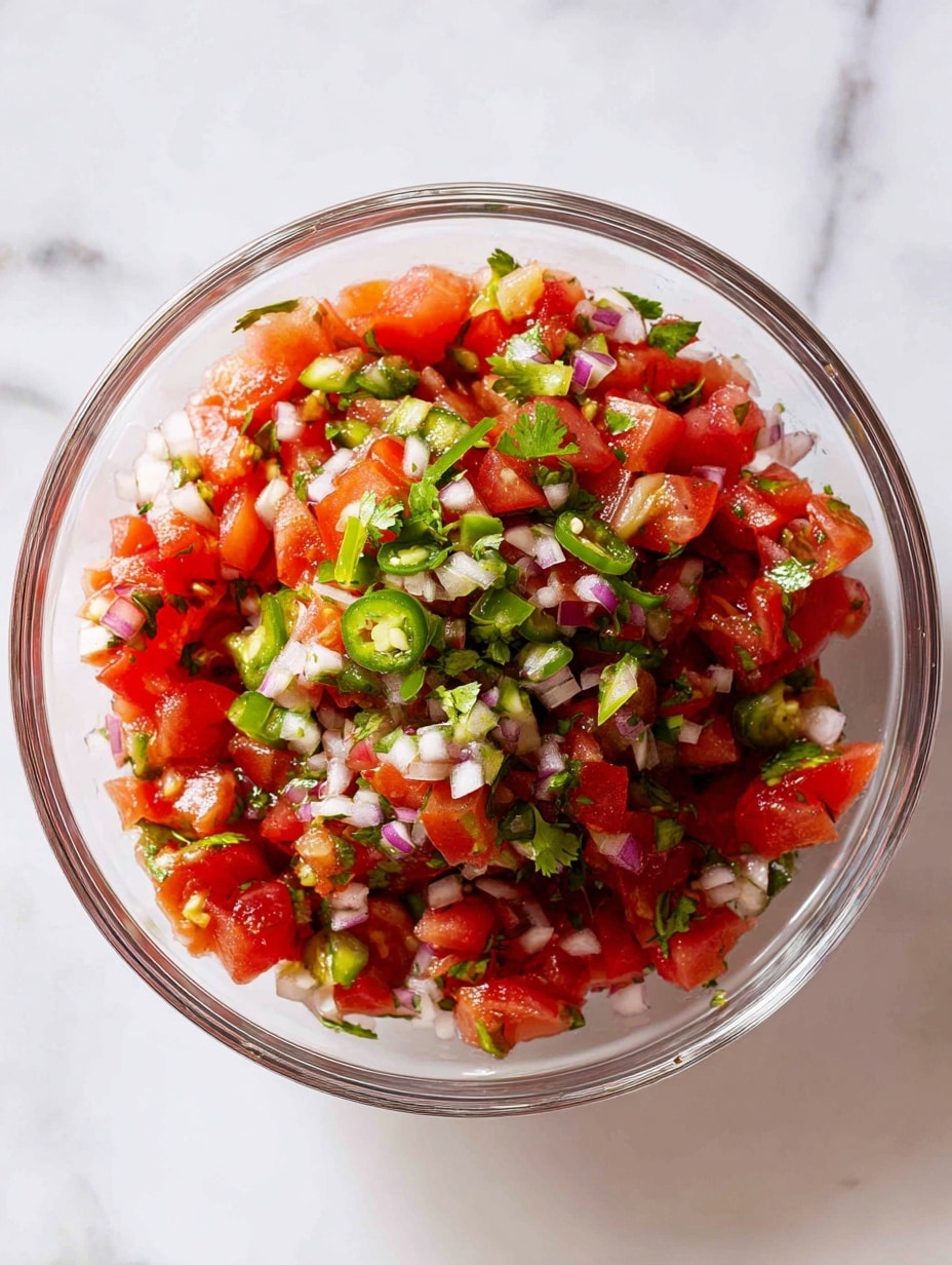 A clear glass bowl filled with a fresh tomato salsa, showing three distinct layers: the bottom layer is finely diced red tomatoes creating a juicy base, the middle layer has small bits of chopped white onions mixed with green herbs, and the top layer is garnished with chopped green jalapeño slices and fresh cilantro leaves. The bowl is placed on a white marbled surface. photo taken with an iphone --ar 4:5 --v 7