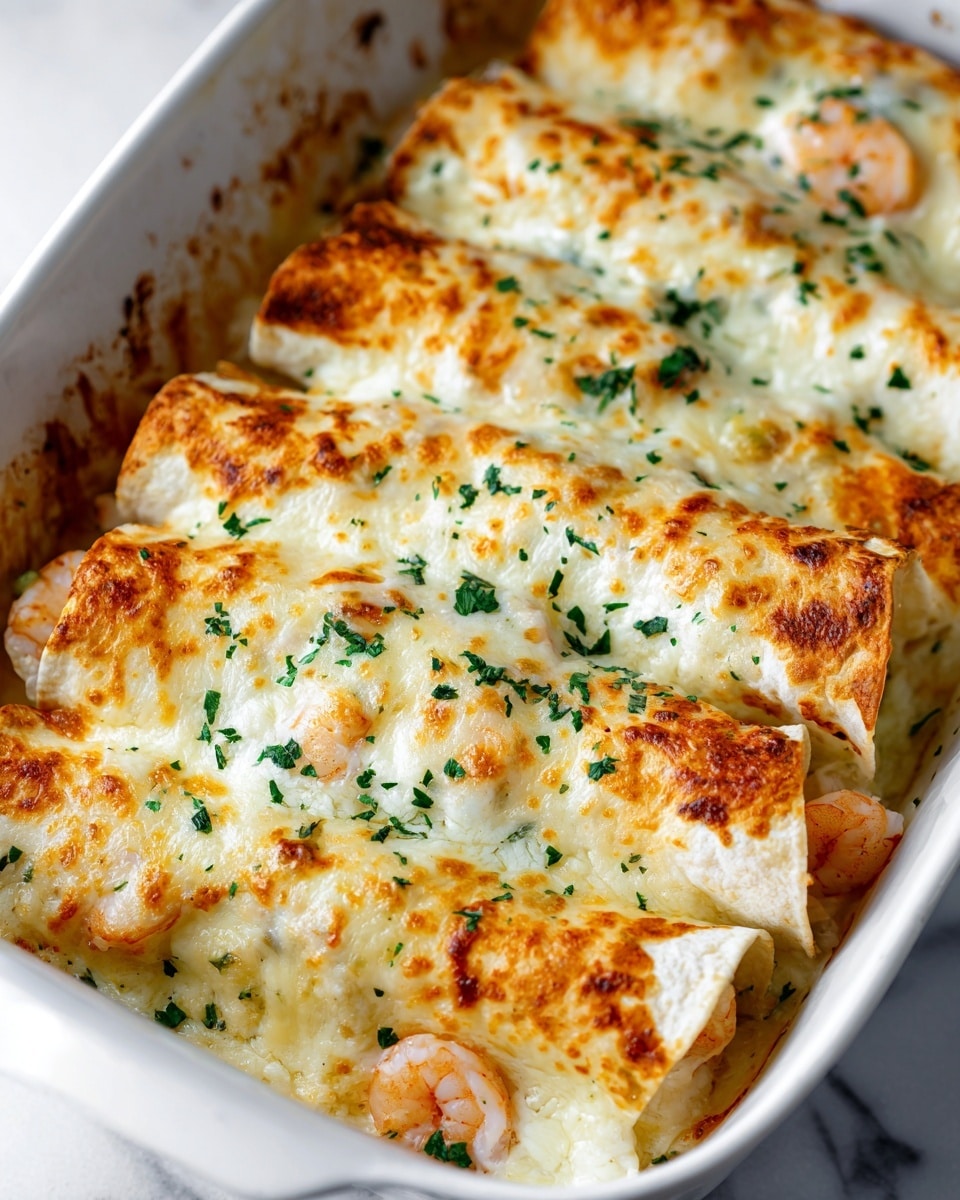 A close-up image of four baked rolled tortillas placed side by side in a white ceramic dish on a white marbled surface. Each tortilla is golden brown with melted cheese and slightly crispy edges. The top layer is sprinkled with small green herb pieces, likely parsley, adding a fresh, contrasting color. Inside the tortillas, visible bits of pink shrimp peek out, hinting at a creamy white sauce filling. The texture shows a blend of smooth melted cheese with crispy baked spots, making the dish look warm and inviting. Photo taken with an iphone --ar 4:5 --v 7
