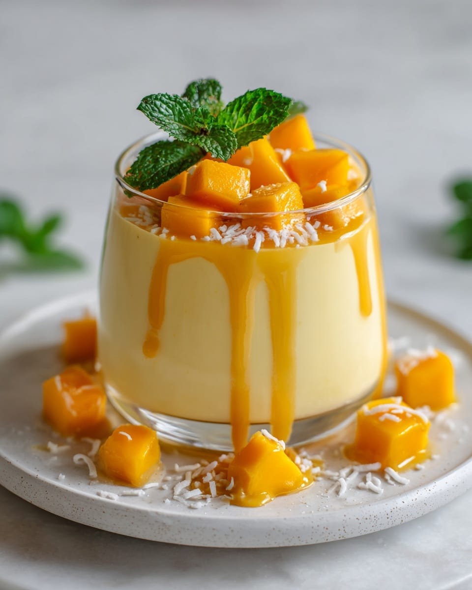 The image shows a creamy yellow mango pudding in a clear glass cup, topped with bright orange mango cubes and a small sprig of green mint leaves. A thick golden mango sauce drips down the sides of the pudding. Around the base of the glass are more mango cubes and a sprinkle of white coconut flakes. All of this sits on a white round plate over a white marbled surface. Photo taken with an iphone --ar 4:5 --v 7