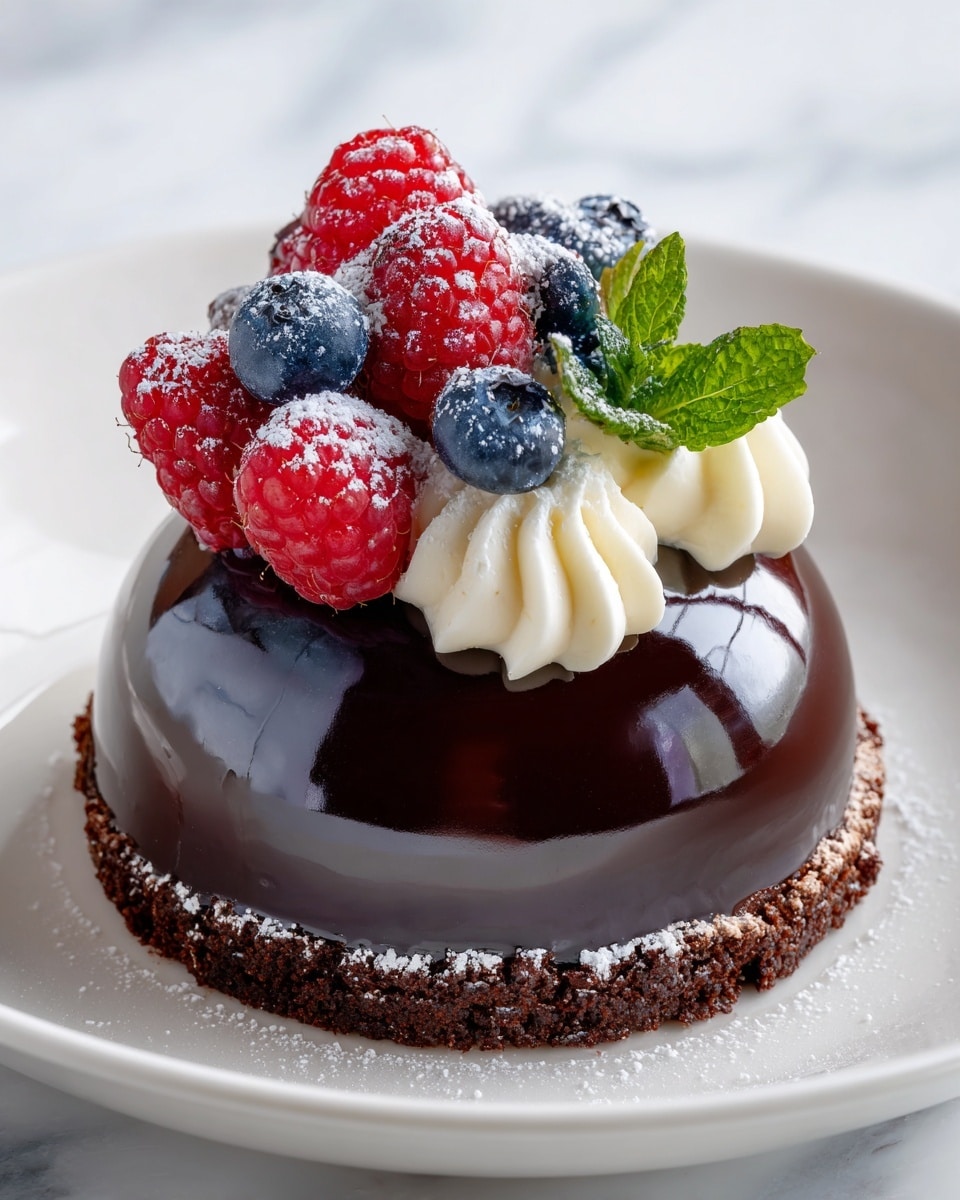 The image shows a shiny chocolate dome dessert with three main layers: a smooth dark chocolate glaze on top reflecting light, a thin ring of crumbly chocolate crust at the base, and creamy white dollops of frosting arranged on one side of the dome. On top of the dome, there are fresh red raspberries and blue blueberries dusted lightly with powdered sugar, and a small green mint leaf. The dessert sits on a white plate against a white marbled background. Photo taken with an iphone --ar 4:5 --v 7