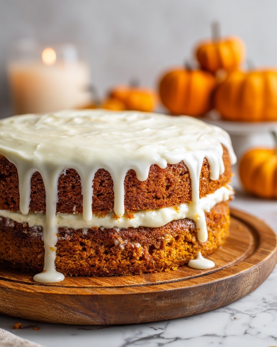 A loaf cake cut to show two thick layers of moist orange-brown bread with visible bits of spices or nuts inside. Between the layers is a smooth creamy white frosting layer, with more of the same white frosting thickly drizzled over the top and sides, dripping slightly onto the wooden plate below. The plate sits on a white marbled surface with small pumpkins and a lit candle blurred in the background, adding warm orange and soft yellow tones. photo taken with an iphone --ar 4:5 --v 7