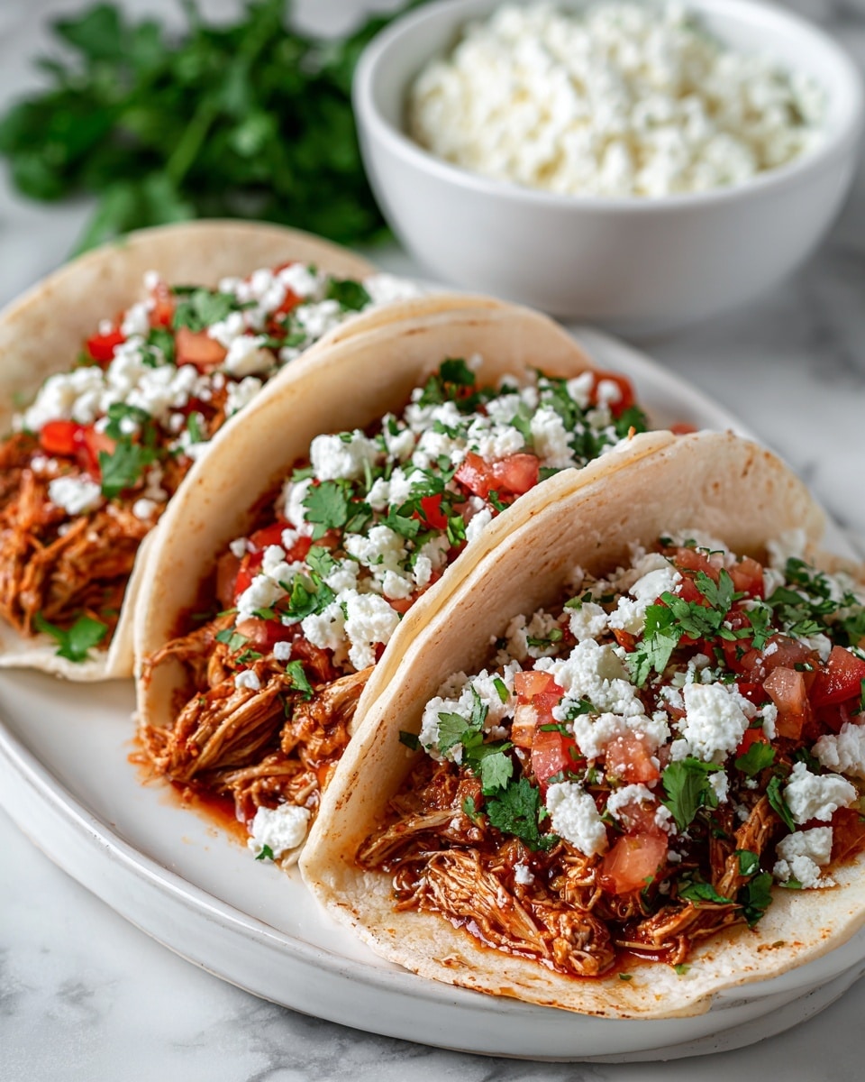 Three soft tacos lined up on a white plate, each filled with layers of shredded cooked meat that is reddish-brown with a slightly crispy texture, topped with finely chopped fresh green cilantro and bright red diced tomatoes. Crumbled white cheese is sprinkled generously over the top, adding a crumbly texture and creamy contrast. In the background, a white bowl with extra white cheese can be seen on a white marbled surface. The photo taken with an iphone --ar 4:5 --v 7