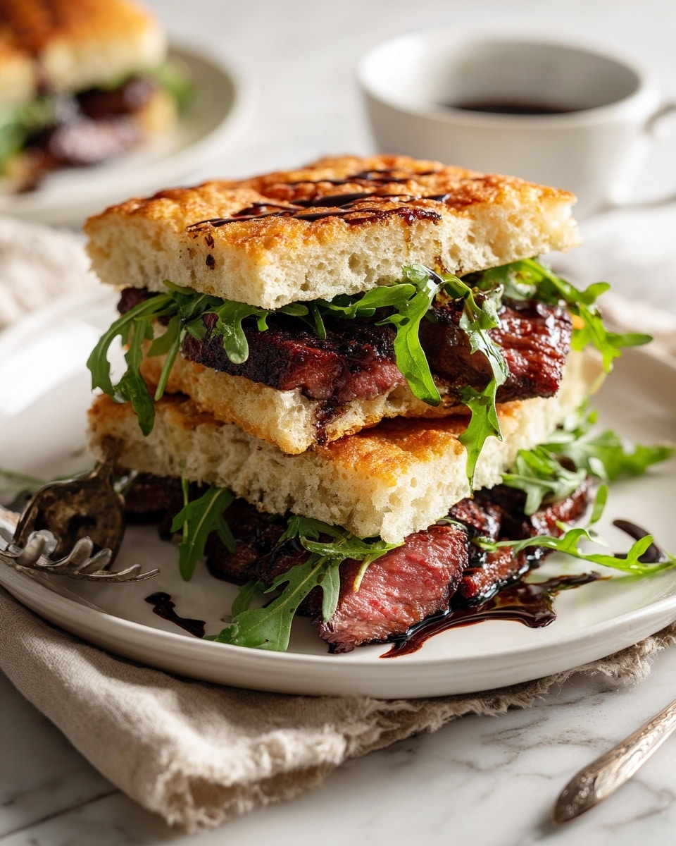 A sandwich made with two thick pieces of toasted focaccia bread with a golden, crispy top layer and airy texture inside, filled with a layer of dark red grilled meat, topped with fresh bright green arugula leaves, all placed on a white plate with some balsamic glaze drizzled over the sandwich and plate, set on a white marbled textured surface with a beige cloth napkin and silver fork next to the plate. photo taken with an iphone --ar 4:5 --v 7