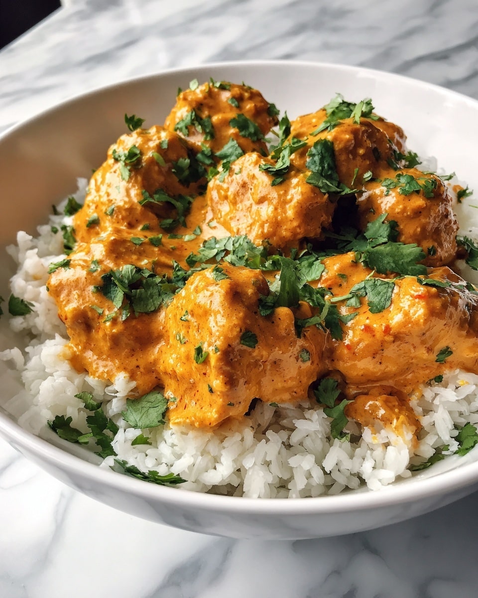 A white bowl filled with a bed of fluffy white rice, topped with several pieces of chicken covered in a thick, creamy orange sauce studded with fresh green cilantro leaves. The chicken pieces are evenly coated, and the sauce appears rich and smooth with a slight gloss. The bowl sits on a white marbled surface. photo taken with an iphone --ar 4:5 --v 7