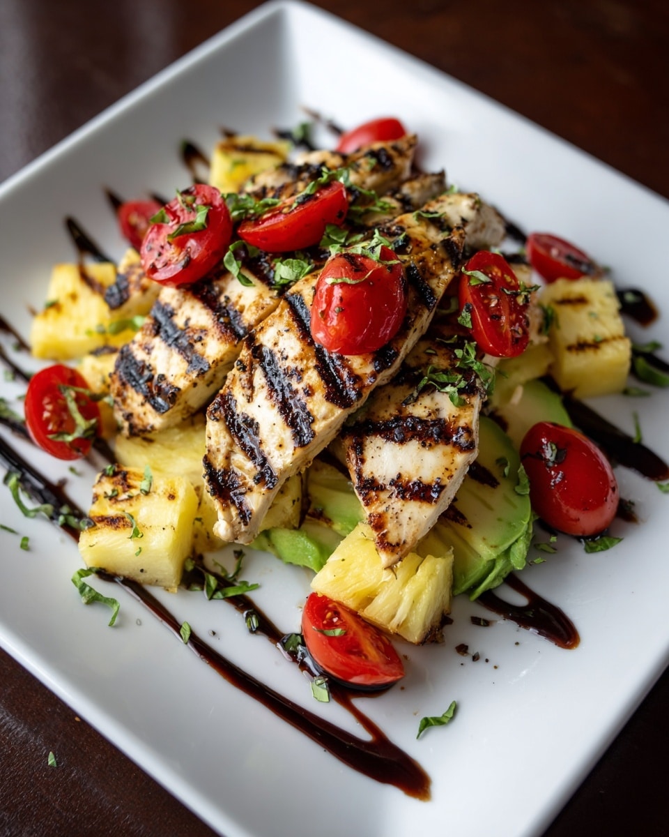 A white square plate holds a layered dish starting with two pieces of grilled chicken breast with dark char marks and a sprinkle of black pepper. On top of the chicken, there is a layer of grilled pineapple slices with char lines, followed by white slices of cheese and bright green slices of avocado, some with grill marks. Red grilled cherry tomato halves and whole tomatoes are scattered on and around the layers. A dark balsamic glaze drizzle and chopped green herbs are sprinkled over the entire dish. The plate is set on a white marbled surface. Photo taken with an iphone --ar 4:5 --v 7