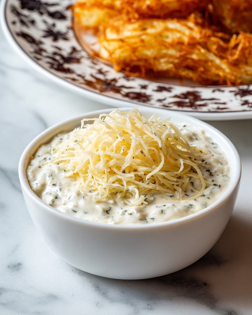 A small white bowl is filled with a creamy white sauce that has small black specks, topped with a pile of pale yellow shredded cheese scattered evenly across the surface. The bowl sits on a wooden table, and a patterned plate with golden brown fried food is partially visible in the background on the same table. The scene is simple with natural lighting. photo taken with an iphone --ar 4:5 --v 7