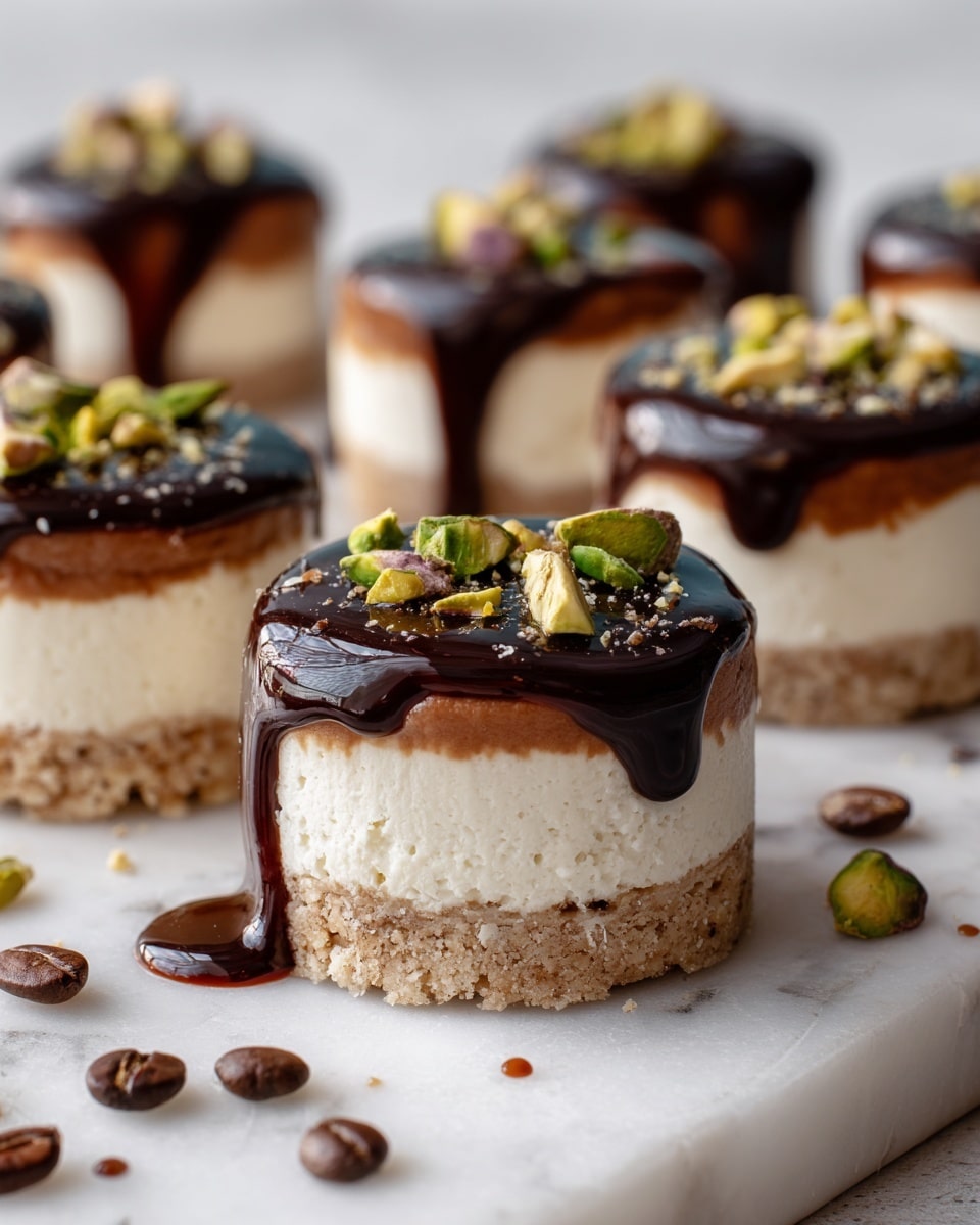 The image shows small, round desserts arranged on a white marbled surface. Each dessert has three visible layers: a bottom crust layer that is light brown with a grainy texture, a thick middle layer of smooth, creamy white filling, and a top layer of glossy dark chocolate ganache that drips slightly down the sides. On top of the chocolate layer, there is a sprinkle of chopped green pistachio nuts. Around the desserts on the white marbled surface are scattered pieces of chopped pistachios and a few coffee beans, adding texture and color contrast. Photo taken with an iphone --ar 4:5 --v 7