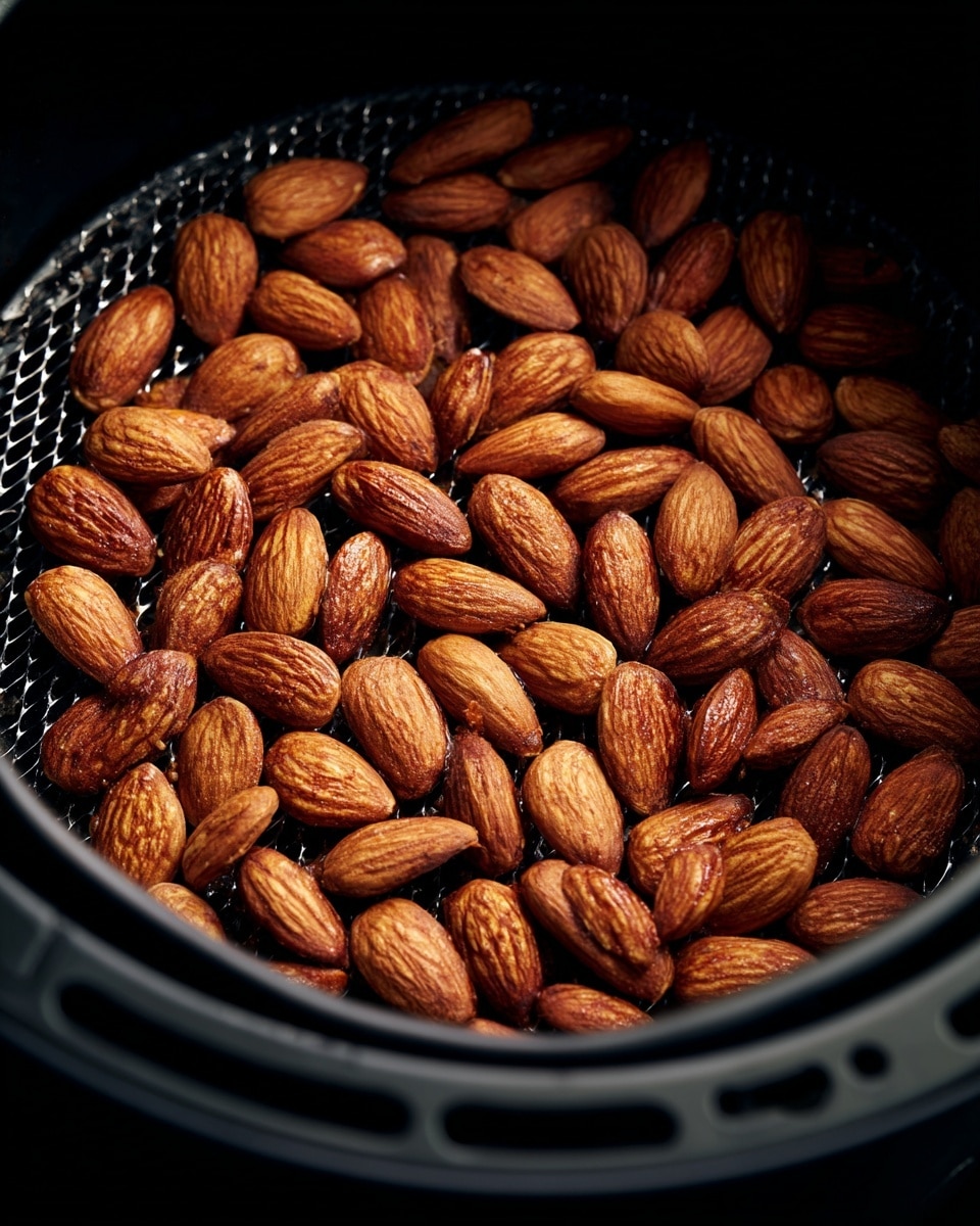 A close-up view of a single layer of roasted almonds inside a black air fryer basket. The almonds are medium brown with natural ridges and a slightly shiny, textured surface. They are evenly spread across the bottom of the basket, which has a perforated black base. The round edge of the air fryer basket frames the almonds, creating a dark contrast to their warm tones. The background is a white marbled texture. photo taken with an iphone --ar 4:5 --v 7