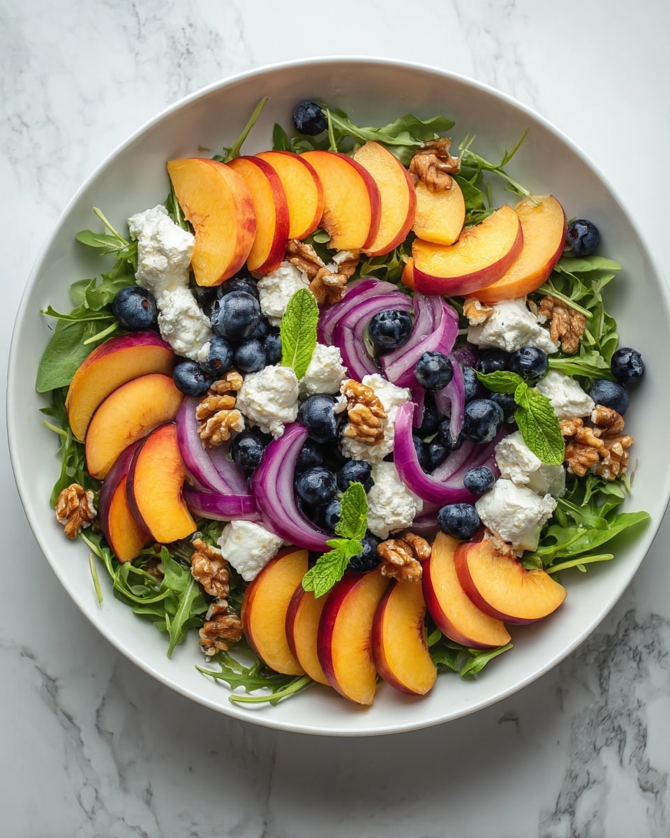 A round white plate holds a fresh salad with multiple layers: the base layer is made of green leafy arugula spread evenly, topped with thick, yellow and orange peach slices arranged in a circle. Scattered across are plump, dark blue blueberries and small chunks of white cheese. Thin slices of reddish-purple onion are spread on top, along with brown, wrinkled walnut halves. Bright green mint leaves are placed in the center, adding a fresh touch. The textures show juicy fruit, crunchy nuts, fresh leaves, and creamy cheese. The plate sits on a white marbled surface. Photo taken with an iphone --ar 4:5 --v 7