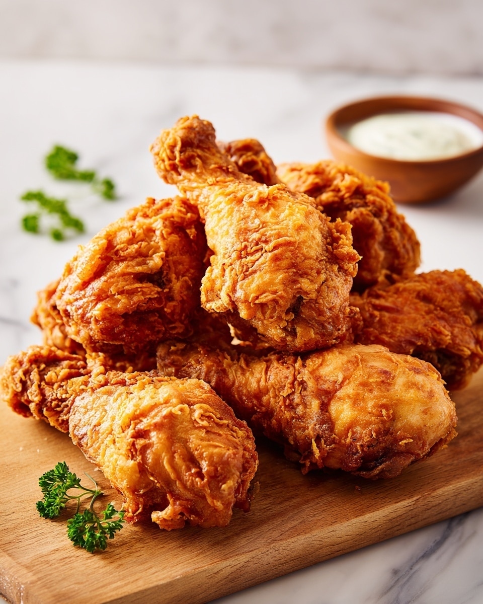 A group of six crispy fried chicken drumsticks is stacked on a wooden board, each piece showing crinkly, golden-brown skin with specks of seasoning. The drumsticks have an uneven, crunchy texture with some areas darker than others, giving a fresh fried look. Behind the chicken, there is a blurred white bowl with creamy dipping sauce and some green leafy herbs scattered around on a white marbled surface, creating a fresh and appetizing scene. photo taken with an iphone --ar 4:5 --v 7