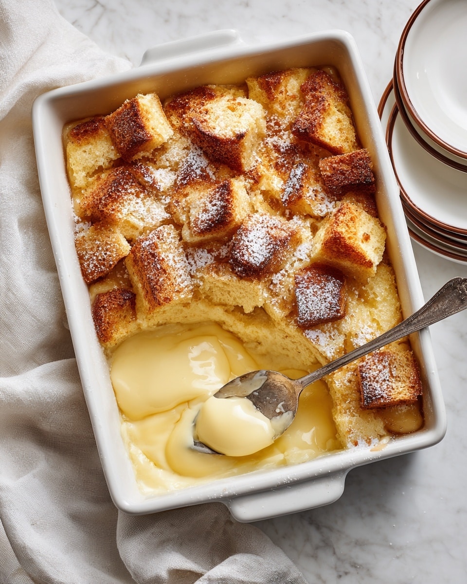 A white rectangular baking dish holds a creamy bread pudding with a golden brown crust made of approximately three layers of toasted bread cubes, each showing a mix of crispy dark edges and soft pale yellow interiors. One corner of the dish is scooped out, revealing a thick, smooth, pale vanilla custard base underneath the crispy top. A silver spoon rests inside the dish with a scoop of the pudding on it. The dish sits on a white marbled texture surface, with a crumpled off-white cloth on one side and stacked white plates with dark rims on the other. A small bunch of delicate white flowers peeks in from the top left corner. photo taken with an iphone --ar 4:5 --v 7