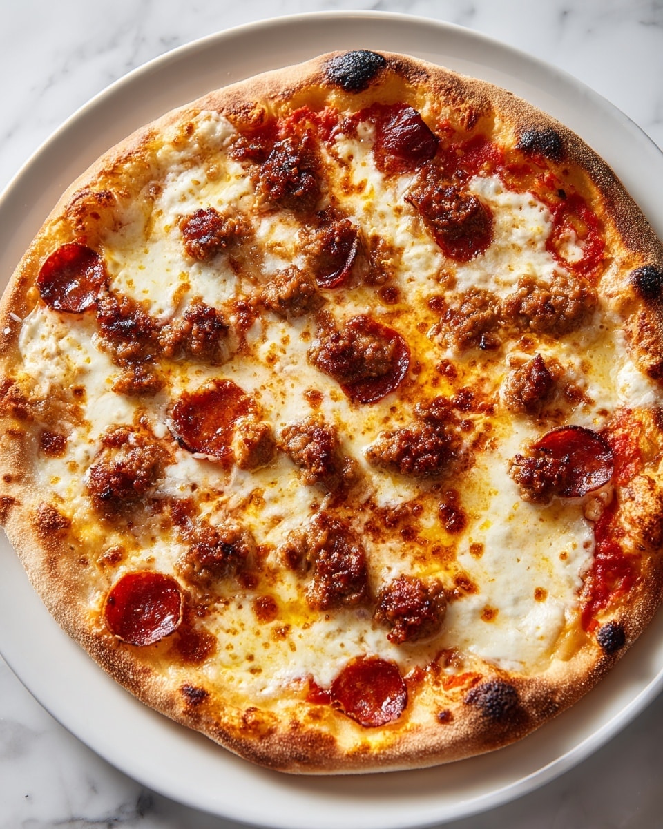 A round pizza sits on a white plate against a white marbled surface, featuring a slightly thick golden-brown crust that is crispy and lightly charred in some spots. The first layer is a bright red tomato sauce spread evenly close to the edge, topped with a thick layer of melted white mozzarella cheese that is bubbly and browned in places. Scattered over the cheese are pepperoni slices, deep reddish-brown with curled edges, and crumbled brownish-golden sausage pieces dispersed unevenly across the pizza. The texture looks gooey and crispy at the same time, with cheese pulling slightly in some areas. photo taken with an iphone --ar 4:5 --v 7