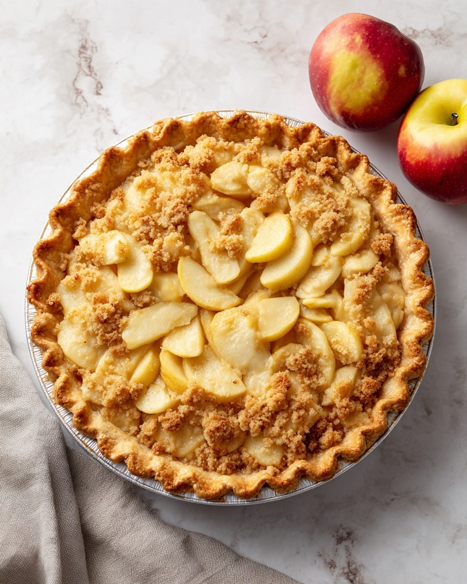 The image shows a round apple crumble pie in a silver foil pie pan, placed on a white marbled surface. The pie has a golden, crimped crust around the edge that looks flaky and slightly puffed. Inside the crust, the first layer consists of thinly sliced yellow apple pieces arranged in a slightly overlapping circle. On top of the apples is a thick layer of light brown crumbly streusel that looks crisp and sugary with small clumps. Two whole apples, one red and one yellow, are positioned near the pie, and a grey cloth is partially visible beside it. Photo taken with an iphone --ar 4:5 --v 7