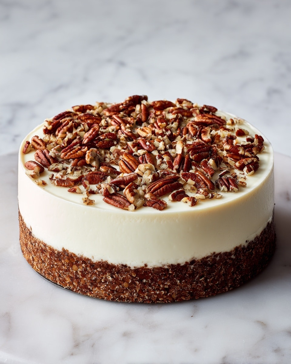 A round cake with two visible layers sits on a thin metal base over a white marbled surface. The bottom layer is dark brown with a rough texture, indicating a baked crust or dense cake. The top layer is thick and creamy white, spread smoothly but with slight natural waves on the surface. On top, there are many whole and halved pecans scattered evenly, giving a rich brown contrast against the white cream. The background is softly blurred, showing part of a kitchen stove. photo taken with an iphone --ar 4:5 --v 7