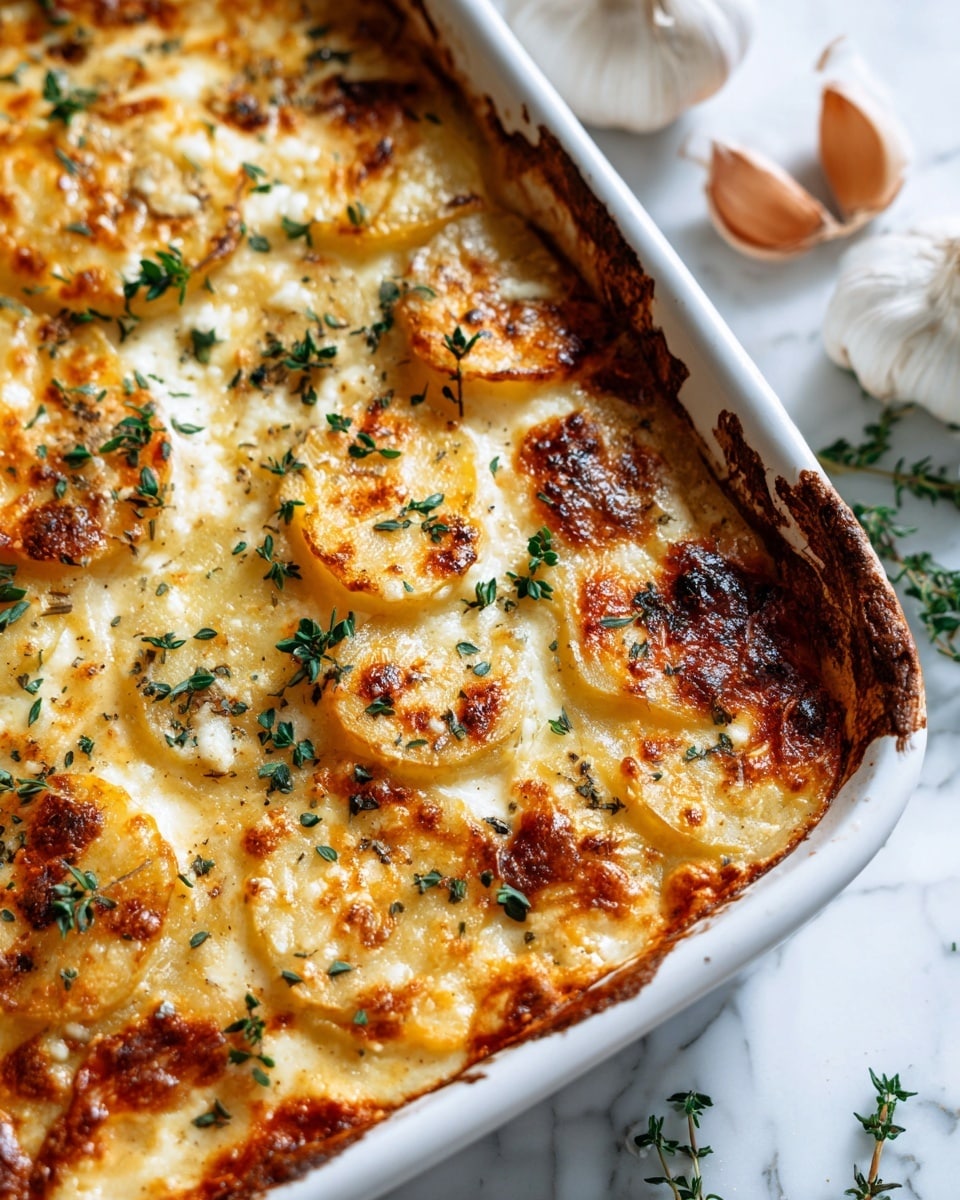 The image shows a close-up of a baked dish in a white rectangular pan with browned and crispy edges. The dish has multiple layers starting with a creamy, light yellow base, followed by evenly spaced round slices of potatoes that are golden brown on top and slightly crispy around the edges. The top layer is sprinkled with small green herb leaves, adding color contrast. The texture looks soft yet firm, with some darker caramelized spots giving it an appetizing look. The background is a white marbled texture with a few cloves of garlic and sprigs of fresh thyme visible near the pan. Photo taken with an iphone --ar 4:5 --v 7
