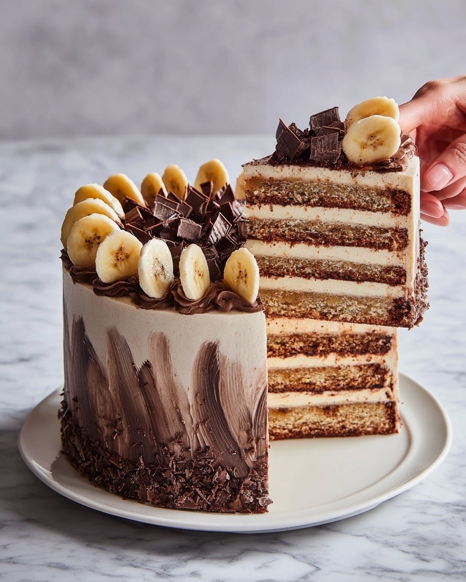 The image shows a tall, layered cake with several even layers of light brown cake and cream filling stacked inside. The outside is covered with smooth chocolate frosting with dark chocolate brush strokes around the lower half. On top, there are banana slices on one side and a small pile of chocolate chips next to them. A scoop of light cream or ice cream sits on the very top. A woman's hand is lifting a slice from the cake, showing clear layers inside. The cake is on a round white plate, all set on a white marbled surface. Photo taken with an iphone --ar 4:5 --v 7