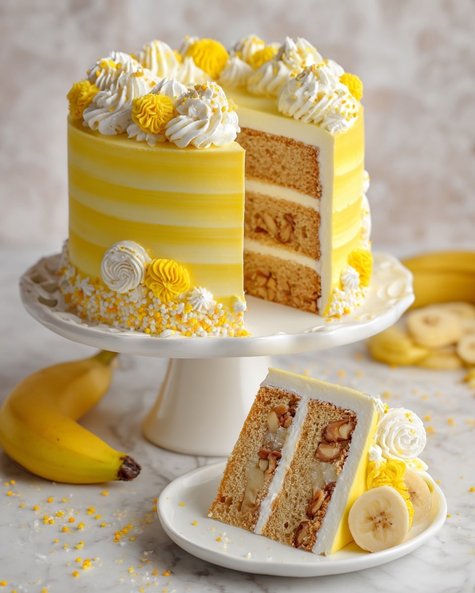A cake with bright yellow smooth frosting and horizontal ridges sits elevated on a white cake stand; the top edge of the cake is decorated with large swirls of creamy white and yellow frosting and topped with white and yellow sprinkles along with small round pearls. In front, a slice is served on a white plate, showing three thick layers of light brown cake separated by white cream and yellow custard-like filling with bits of pale nuts. The slice has a few banana slices next to it and some yellow and white frosting piped near the base. The scene has a white marbled texture surface with scattered yellow and white sprinkles and a blue cake scraper on the side. photo taken with an iphone --ar 4:5 --v 7