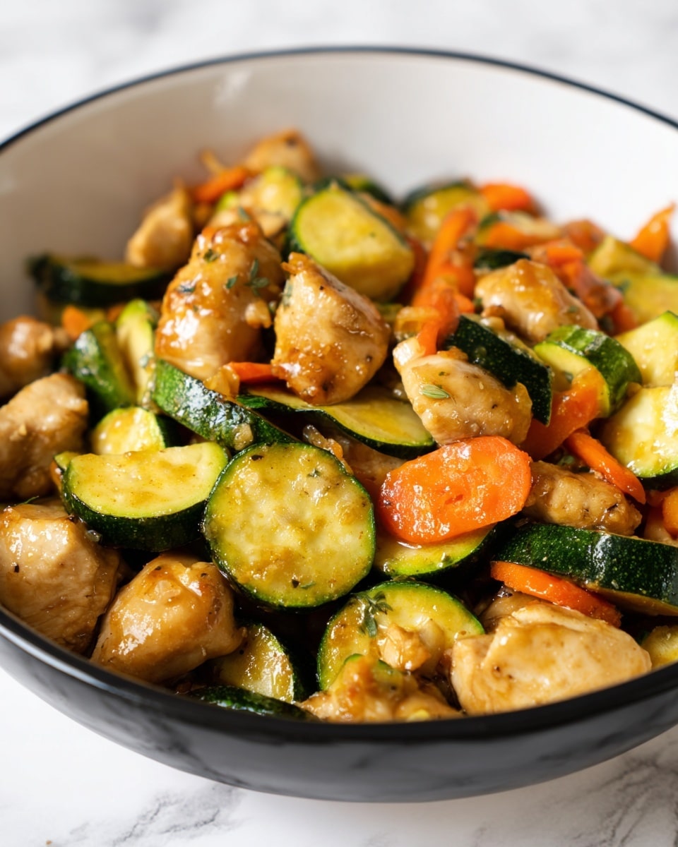 A close-up view of a black pan filled with a stir-fry dish featuring three main layers: the bottom layer shows a rich dark sauce that gives a shiny look; on top, there are chunky pieces of cooked chicken in light golden brown color with some grill marks; mixed throughout are thick slices of vibrant green zucchini with soft yellow centers and small pieces of orange carrot, all mixed in a glossy sauce that makes the ingredients look fresh and tasty. photo taken with an iphone --ar 4:5 --v 7