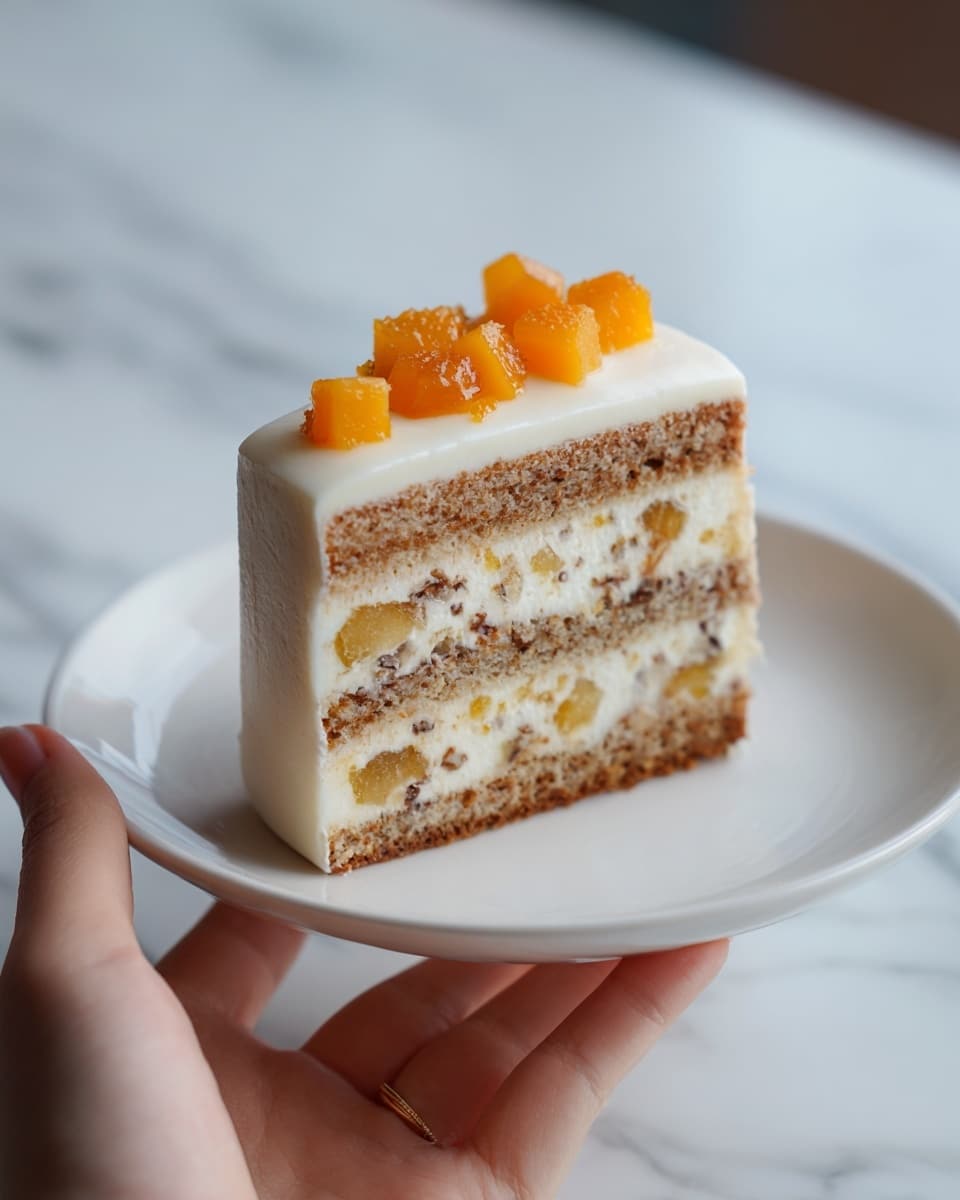 A close-up of a slice of layered cake featuring three thick layers of light brown sponge with bits of yellow mango pieces inside. Between each sponge layer is a thick, fluffy white cream layer that looks soft and smooth. The top layer of the cake is covered with white cream and topped with small chunks of bright orange mango, adding a fresh, juicy look. The cake slice sits on a white plate with a slight shine, against a white marbled surface background. Photo taken with an iphone --ar 4:5 --v 7