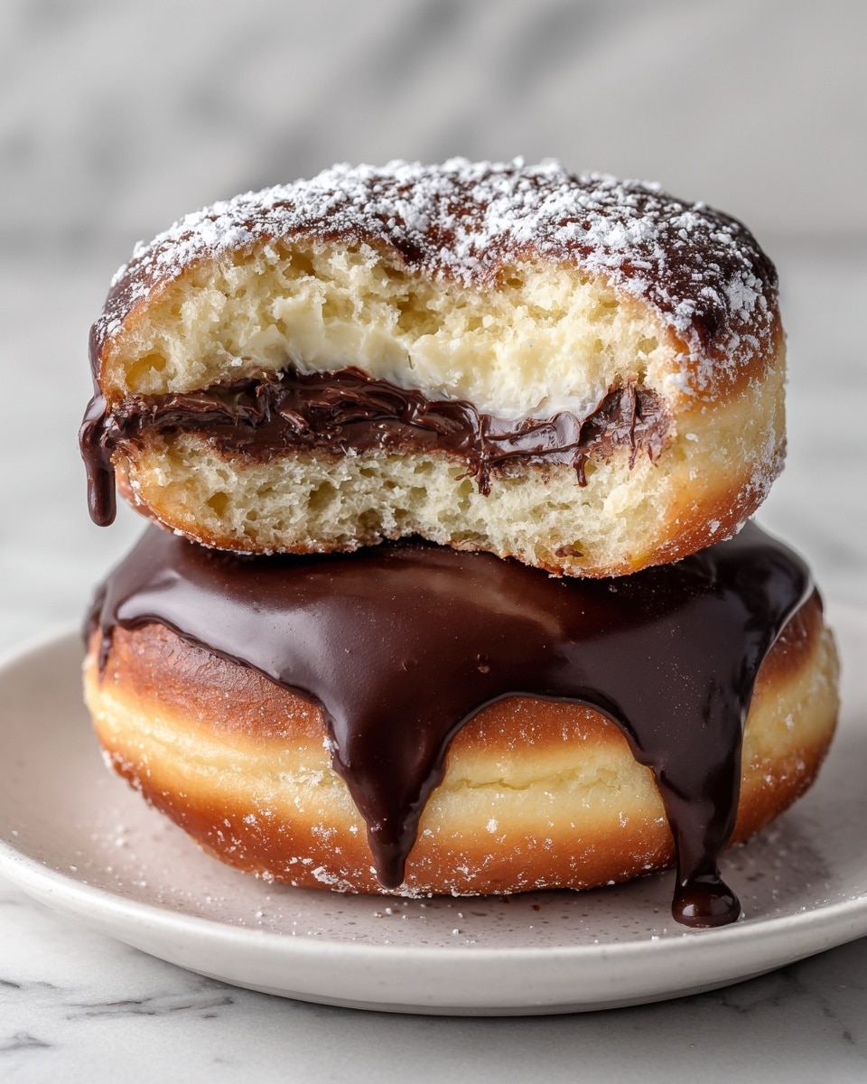 The image shows two donuts stacked on a white plate with a white marbled surface background. The bottom donut has a smooth, shiny layer of dark chocolate glaze covering its top, dripping slightly over the sides. The top donut is partially bitten, revealing a soft, light yellow inside and a rich, thick dark chocolate filling. Its top also has a glossy dark chocolate glaze, dusted with a light sprinkle of powdered sugar. The overall texture looks soft and moist with a glossy finish on the chocolate. Photo taken with an iphone --ar 4:5 --v 7