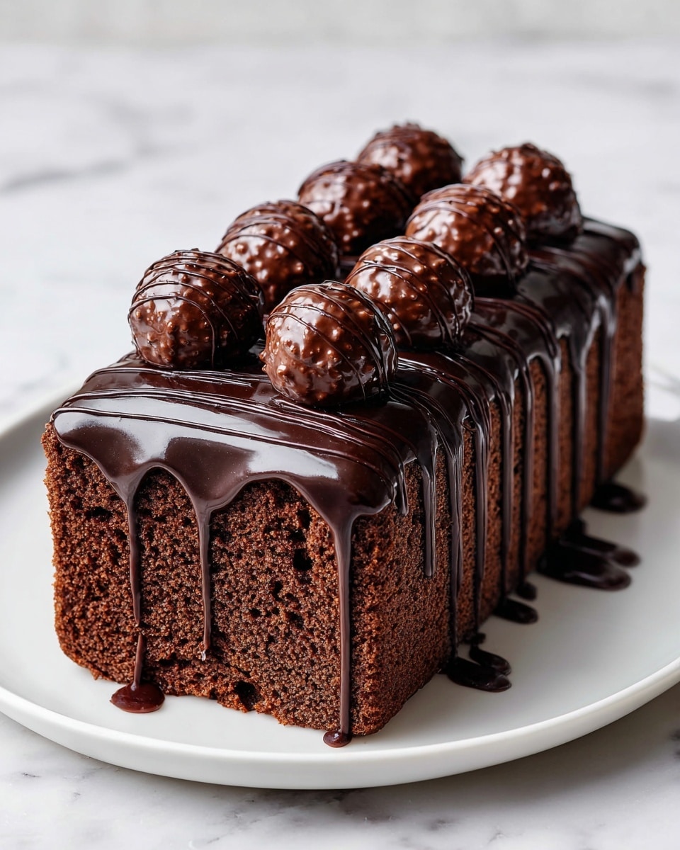A rectangular chocolate cake with two visible layers sits on a white plate, with a smooth, thick layer of dark chocolate dripping down the sides. The top is covered with a shiny chocolate glaze, decorated with small round chocolate balls evenly spaced. Thin, darker chocolate lines are drizzled across the top lengthwise, adding texture. The cake looks moist and rich, placed on a white marbled surface. photo taken with an iphone --ar 4:5 --v 7