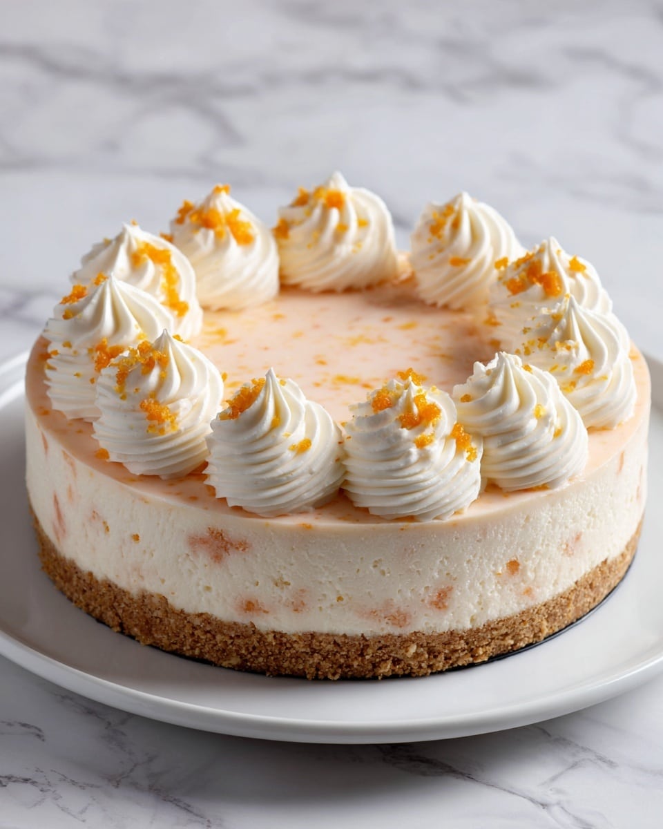 The image shows a round cake on a white plate with a white marbled background. The cake has three visible layers: the bottom layer is a crumbly light brown crust, the middle layer is a thick smooth light pink filling, and the top layer is decorated with small orange sprinkles and swirls of white whipped cream evenly spaced around the edge. A slice is missing, revealing the clean layers inside. Photo taken with an iphone --ar 4:5 --v 7