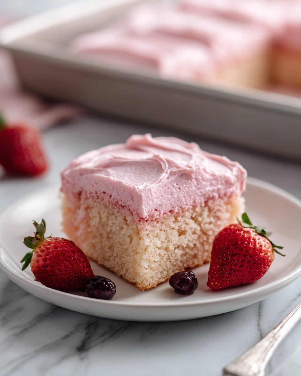 A single square piece of pink cake with a soft, fluffy texture sits on a white plate. The cake has one layer with a slightly golden brown base and a thick, swirled layer of light pink frosting on top. Next to the cake on the plate are a couple of fresh strawberries and some dark berries, adding a pop of red and black colors. The plate rests on a white marbled surface, and in the background, there is a tray holding more of the same cake with pink frosting. Soft natural light highlights the textures and colors. Photo taken with an iphone --ar 4:5 --v 7