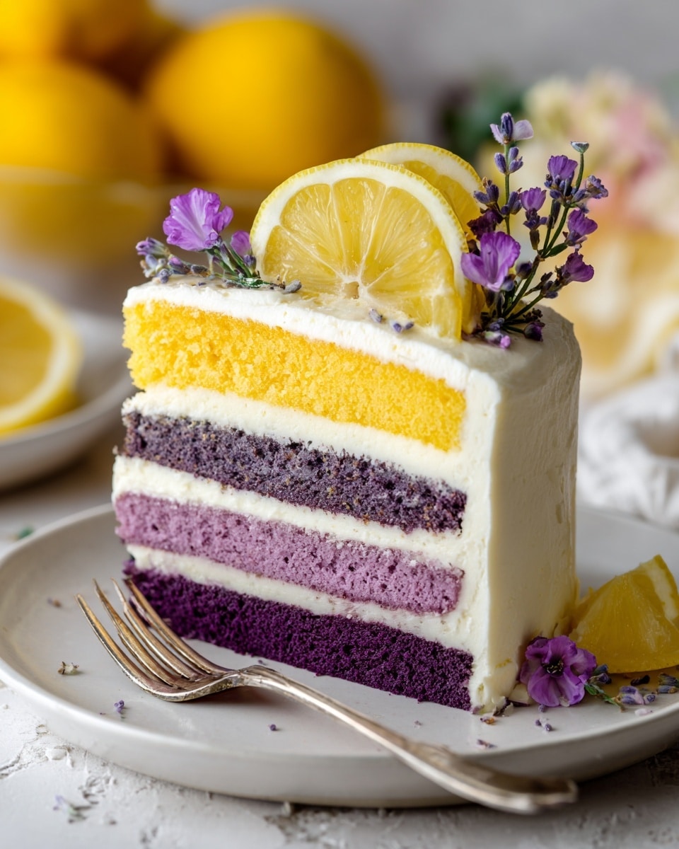 A slice of three-layer cake sits on a white plate with a silver fork beside it. The bottom and middle layers are light purple and look soft and moist, separated by a thick layer of creamy white frosting mixed with small bits of lemon. The top layer is light yellow, also soft and fluffy, covered by a thick white frosting. On top, there are thin slices of lemon and small purple flowers, likely lavender, adding a fresh and colorful touch. The scene is set on a white marbled background. photo taken with an iphone --ar 4:5 --v 7