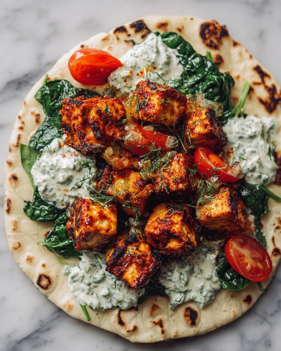 A flat round piece of grilled pita bread with light brown char marks serves as the base layer. On top, there is a layer of fresh green spinach leaves spread out evenly. Dollops of white creamy sauce are placed over the spinach. Around the edges on opposite sides are two slices of bright red tomato, each slice curved and smooth. The top layer consists of grilled, lightly charred cubes of tofu, golden brown with some darker grill marks and sprinkled with small green herbs and bits of red sauce. The dish is set on a white marbled textured surface. Photo taken with an iphone --ar 4:5 --v 7