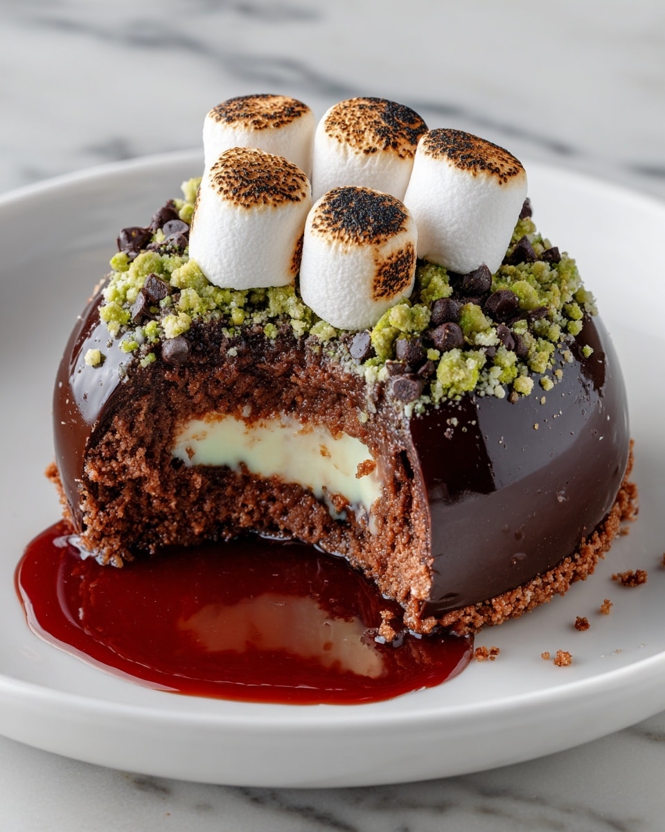 A round, thick chocolate shell is broken open to reveal three main layers inside: a textured golden cookie base, a pale yellow creamy middle, and a glossy dark red syrup layer dripping down the sides. The top of the chocolate shell is decorated with four toasted, puffy marshmallows that are white with golden brown spots. Dark chocolate chips and green crumbled bits are scattered around the marshmallows on top. The dessert sits on a white plate with a sprinkling of powdered sugar, and the plate rests on a white marbled surface. photo taken with an iphone --ar 4:5 --v 7