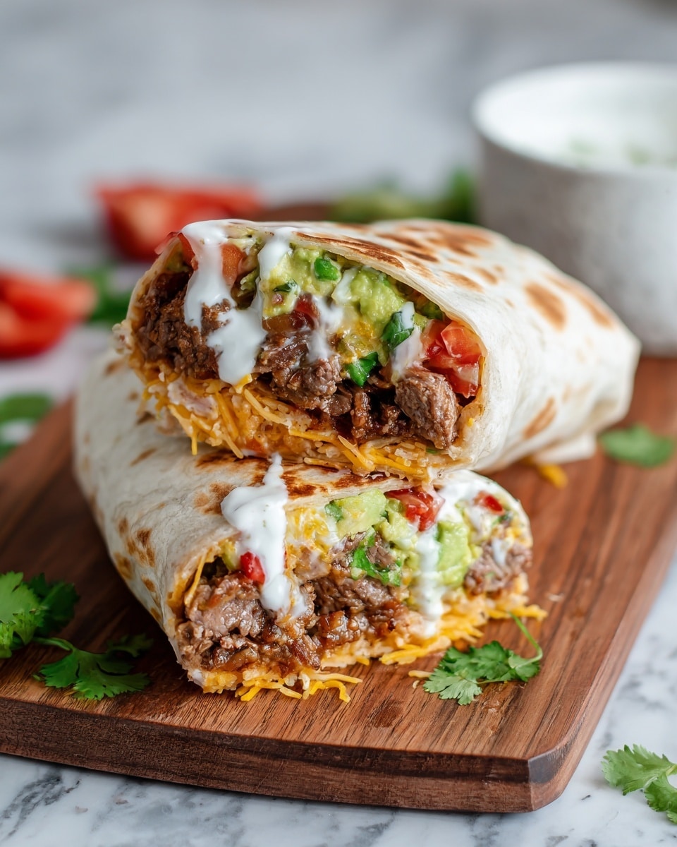 The image shows a burrito cut in half and placed on a wooden board. The outer layer is a light beige tortilla with slight brown spots. Inside, the first visible layer is melted yellow cheese mixed with green avocado chunks, followed by a layer of grilled brown steak pieces with a juicy texture. There are small red tomato pieces and green chopped cilantro sprinkled throughout. White sour cream sauce is drizzled over the top, adding a creamy texture. Some cilantro leaves decorate the burrito and the wooden board, and a blurred white bowl with sauce is in the background. The photo is taken on a white marbled surface. photo taken with an iphone --ar 4:5 --v 7