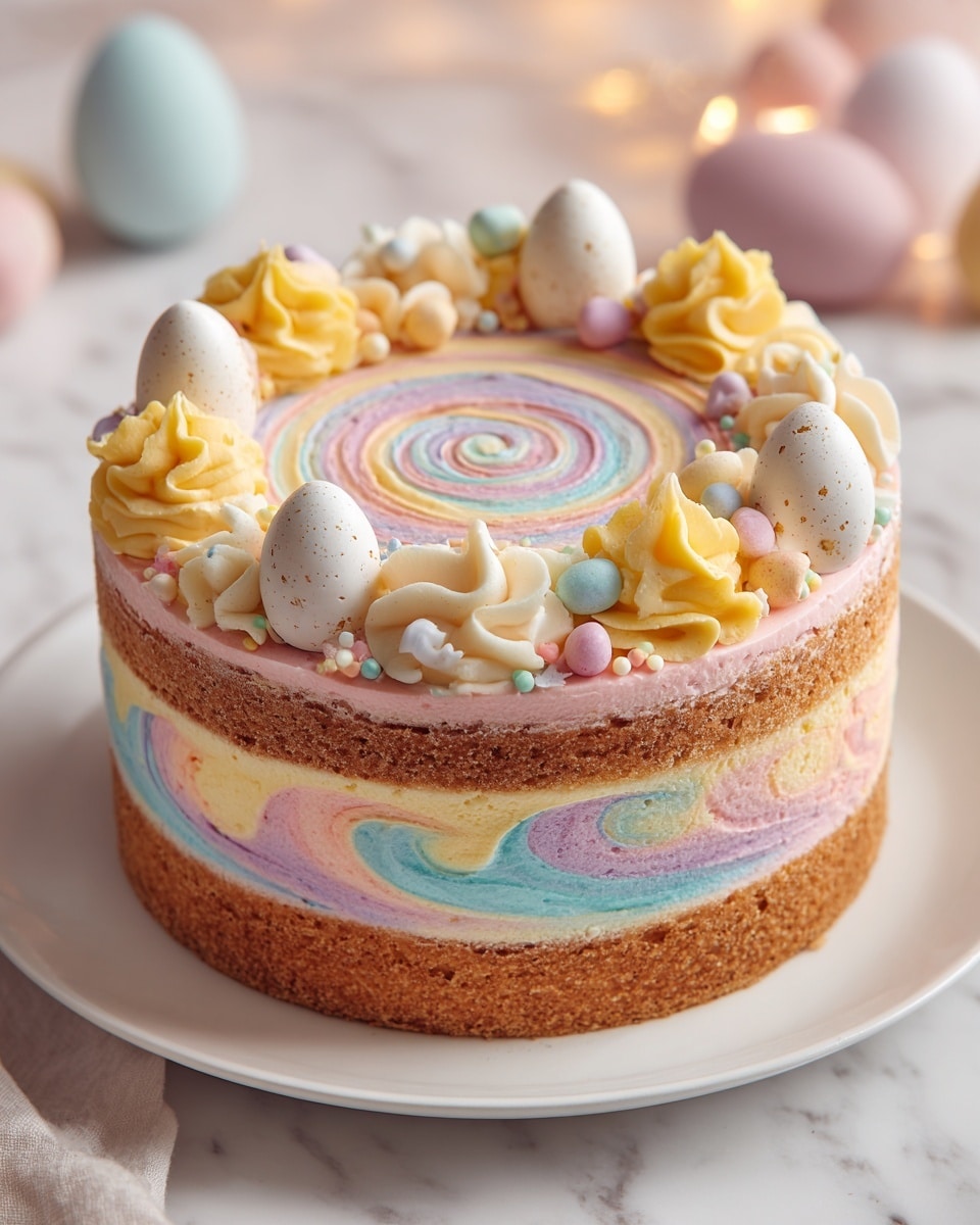 This image shows a round cake with three visible layers placed on a white plate on a white marbled surface. The bottom layer is a textured, crumbly golden brown crust. The middle layer is a soft, fluffy mix of pastel colors – pink, yellow, and blue – swirled together in a smooth, airy texture. The top layer is a smooth, pink frosting with a gentle swirl pattern. Around the cake's edge are small yellow rosettes of frosting, each topped with a chocolate egg—some brown and some white. There are also small colorful round and stick sprinkles scattered on the top, adding a playful look. The background is softly blurred with warm tones and hints of decoration. photo taken with an iphone --ar 4:5 --v 7