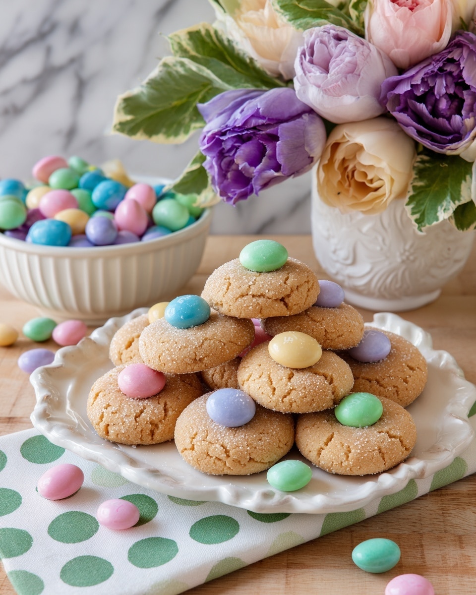 A white plate with decorative holes around the edges holds a pile of small round cookies, each topped with a colorful candy in pastel shades of green, blue, purple, pink, and yellow. The cookies have a light golden color and a sugar-coated texture. Around the plate and tray, scattered pastel candies add extra color. Next to the plate is a white bowl filled with more pastel candies, partially covered by a white cloth with green polka dots. Behind the plate, there is a vibrant bouquet of flowers with shades of pink, purple, white, and green leaves. The setting is on a wooden tray with black metal handles on a white marbled surface. photo taken with an iphone --ar 4:5 --v 7
