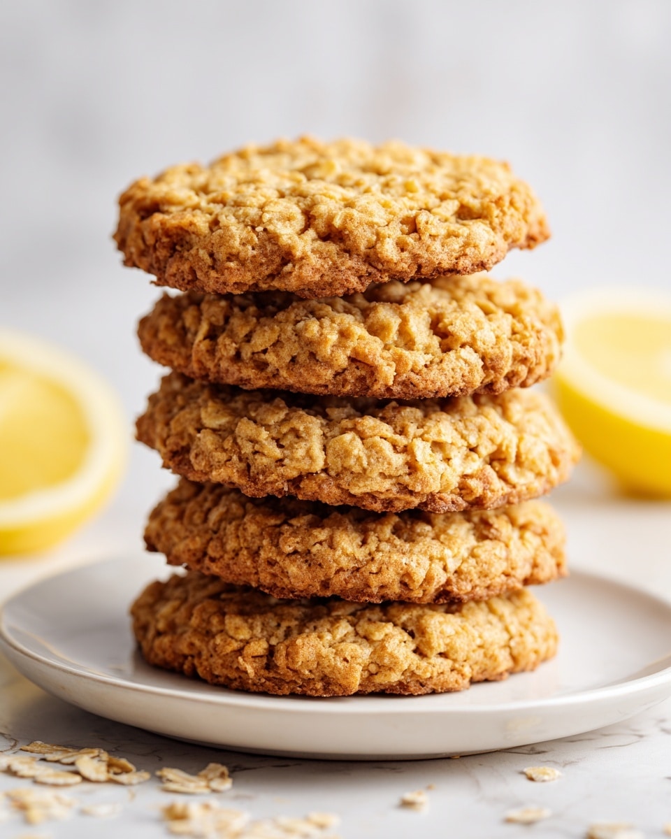 The image shows a stack of four round oatmeal cookies on a white plate placed on a white marbled surface. Each cookie has a rough texture with visible oats and a golden-brown color, slightly uneven edges giving a homemade look. There are lemon wedges placed around the plate and a few loose oats scattered near the cookies. The background features blurred lemon halves, adding a fresh, bright tone to the scene. Photo taken with an iphone --ar 4:5 --v 7