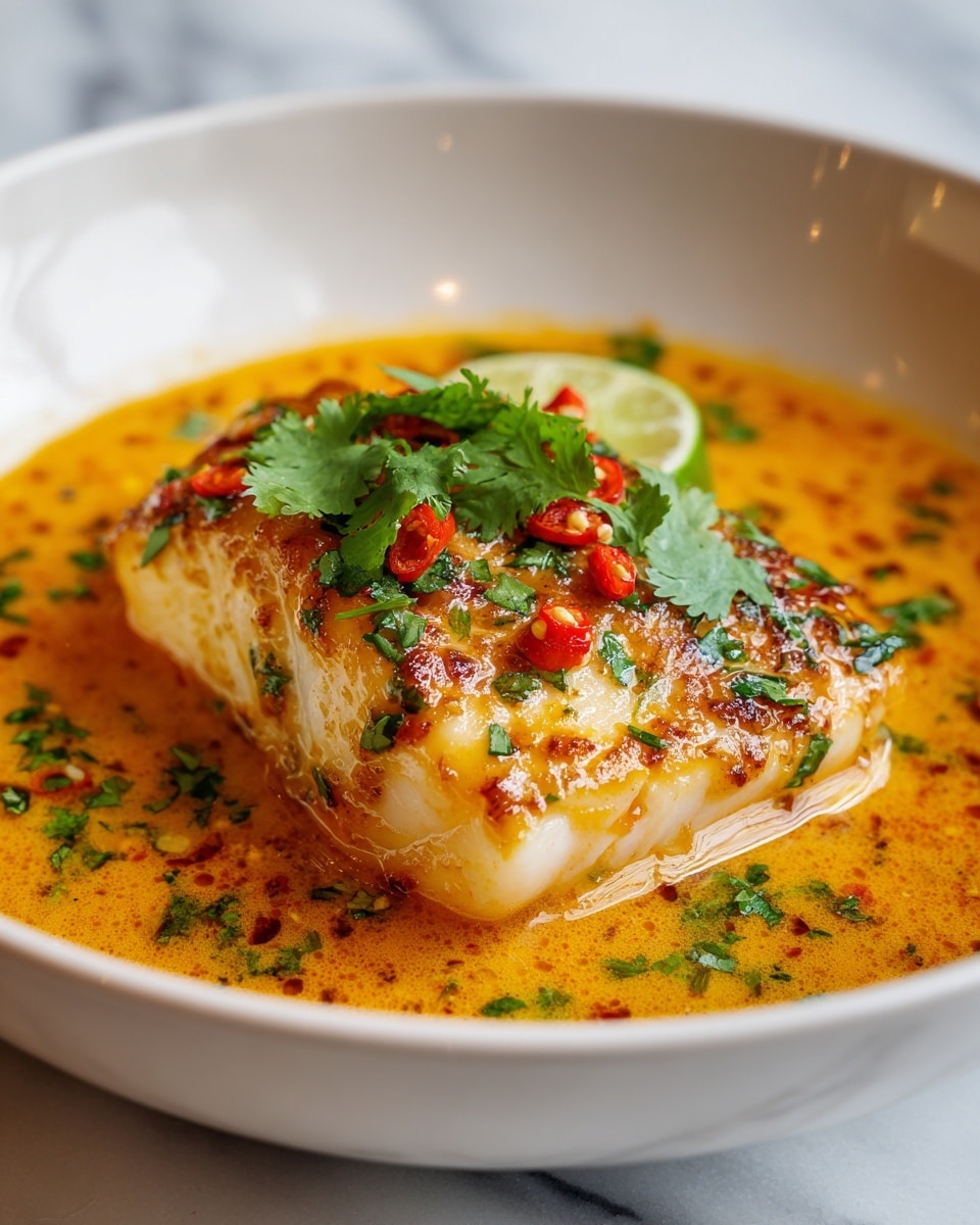 A thick white piece of fish sits in the middle of a white bowl filled with a golden-yellow sauce. The fish is topped with bright green cilantro leaves and small pieces of red chili flakes. A small green lime wedge rests near the fish, partly on the sauce. The surface under the bowl has a white marbled texture, adding a clean, bright background to the rich colors of the dish. photo taken with an iphone --ar 4:5 --v 7