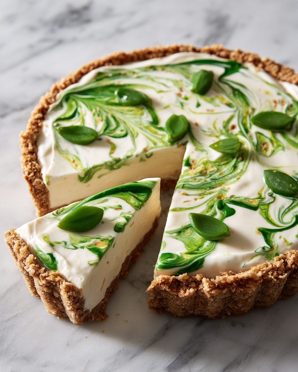 A slice is cut out from a pie with a thick brown crust around the edges. The top layer is creamy white with green swirls that mix smoothly, decorated with small green clover shapes spread evenly on the surface. The pie filling under the creamy layer is dark brown and looks smooth. The whole pie is placed on a white marbled surface. photo taken with an iphone --ar 4:5 --v 7