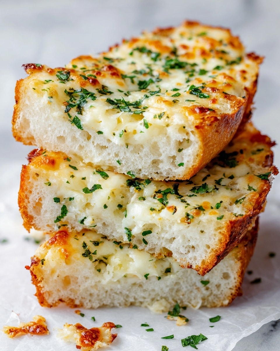 Three thick slices of cheesy garlic bread are stacked unevenly on a white marbled surface lined with white parchment paper. Each slice shows a light golden brown crust on the bottom and edges, with a soft, airy white bread interior. The top layer is covered with melted cheese that is golden and bubbly in places, sprinkled generously with finely chopped green herbs, likely parsley. Small bits of browned cheese are scattered around the slices on the parchment. The photo taken with an iphone --ar 4:5 --v 7